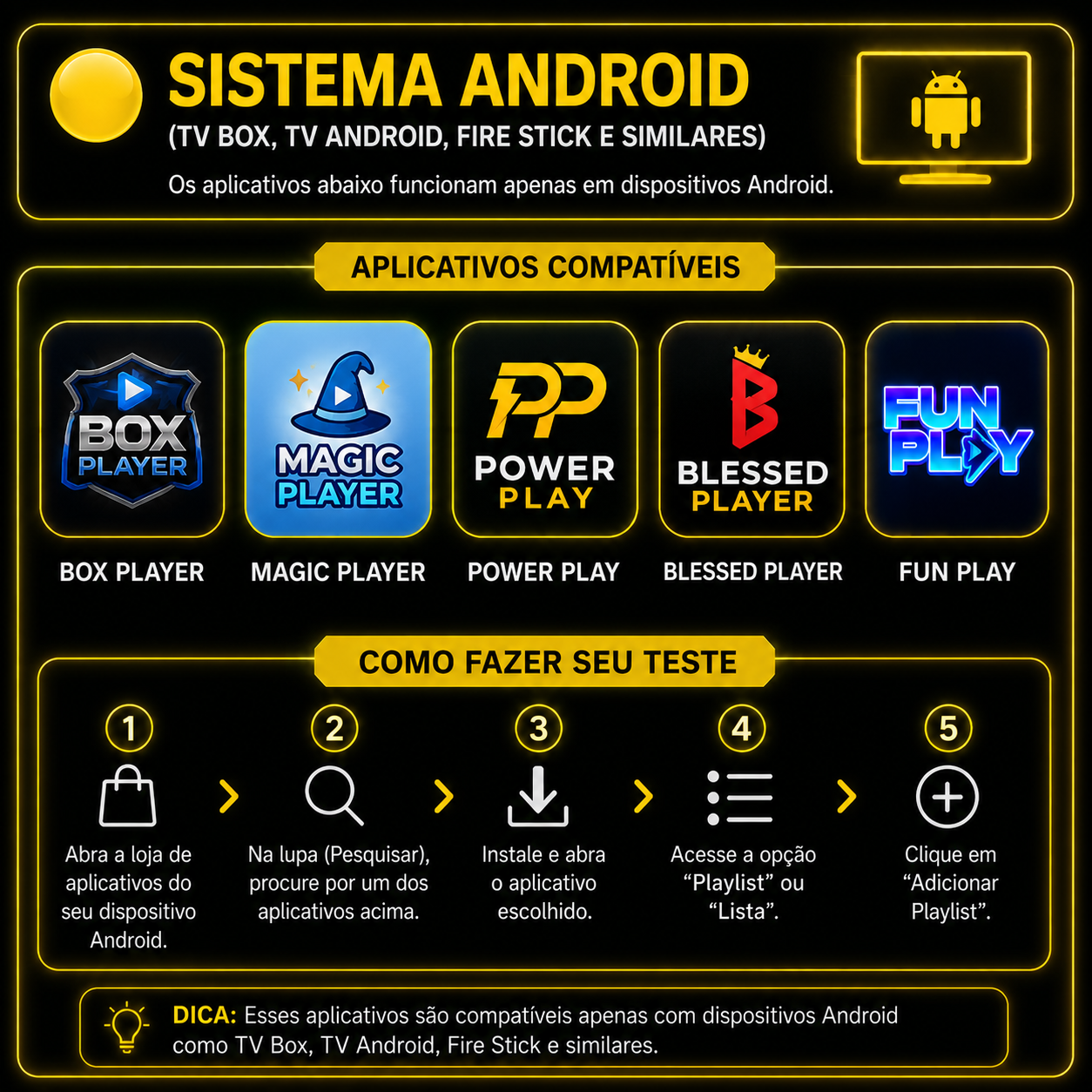 Aplicativos para Android, TV Box e Fire Stick - Super Player Apps compatíveis com sistema Android, TV Box, Fire Stick e TV Android: Box Player, Magic Player, Power Play, Blessed Player e Fun Play